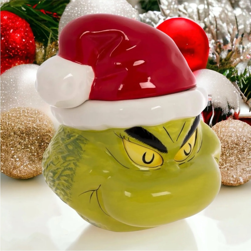 The GRINCH Ceramic Cookie Jar Grinch Who Stole Christmas w/ Santa Hat NEW
